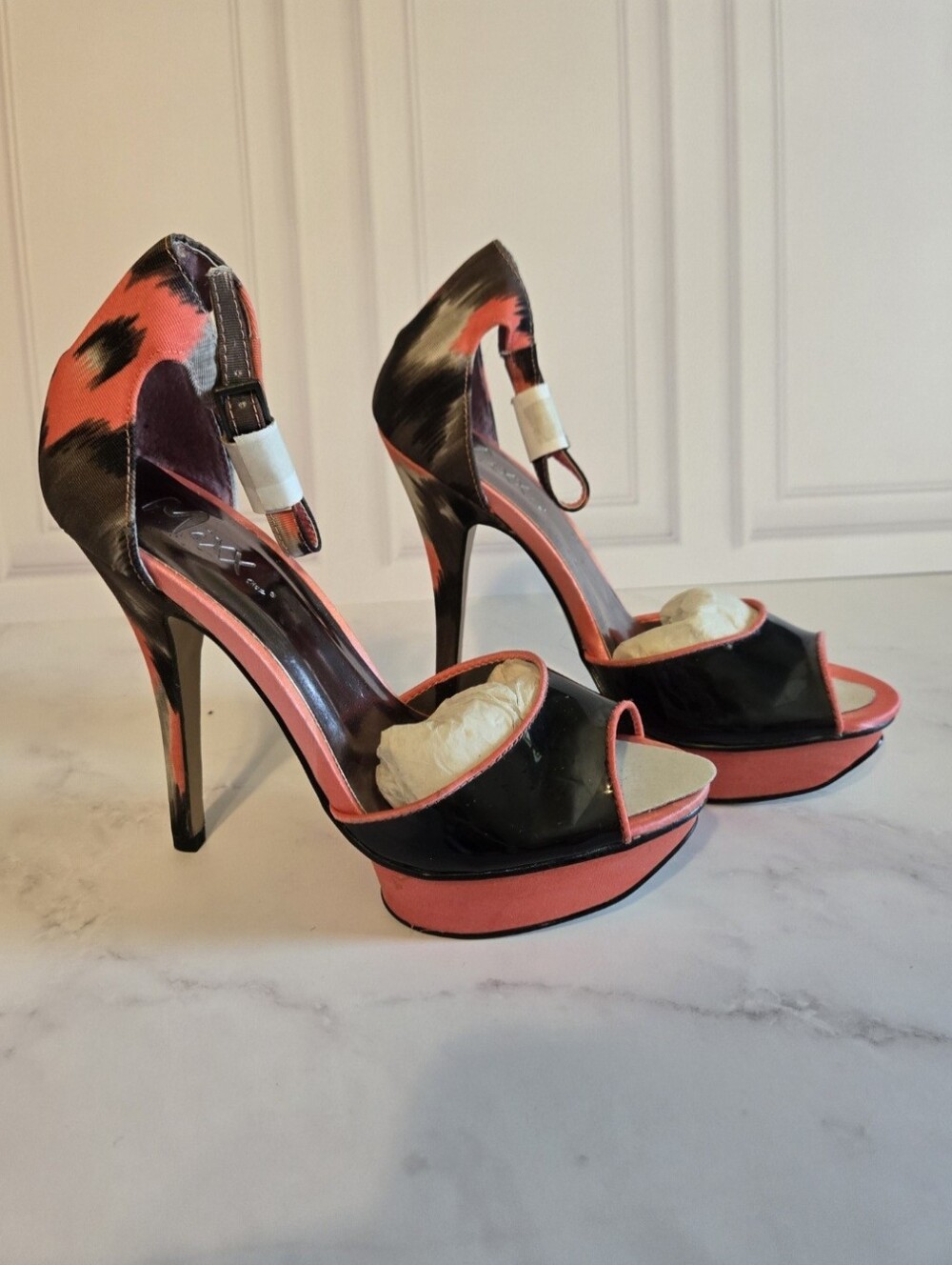 Black And Coral Print High Heels